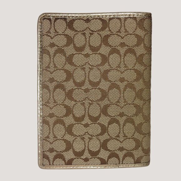 Coach Gold Beigh Signature Canvas Logo Passport Leather Bi Fold Wallet Travel - Picture 3 of 7